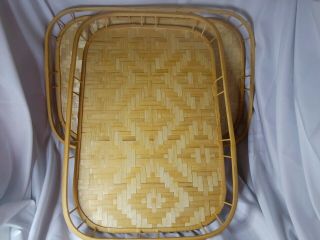2 Vtg 18”x12” Tiki Bamboo Rattan Wicker Woven Breakfast Serving Tray