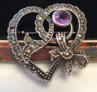 Vintage Art Deco Jewellery Sterling Silver & Amethyst Heart Shaped Brooch