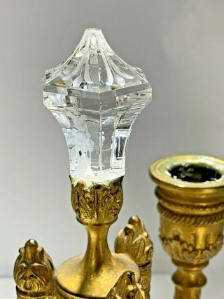 Antique French Gold Gilt Bronze & Etched Crystal Two Three Burner Candelabras 3