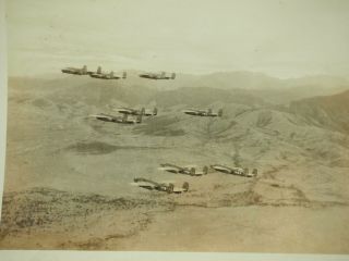WWII Formation of 9 North American B - 25 Mitchell ' s in the air B&W 3.  75 x 4.  75 