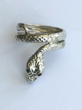 Vintage Sterling Silver Ring Coiled Snake With Red Eyes