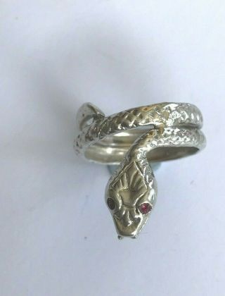 vintage sterling silver ring coiled SNAKE with red eyes 2