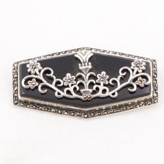 Vtg Sterling Silver - Art Deco Marcasite & Onyx Filigree Ornate Brooch Pin - 26g