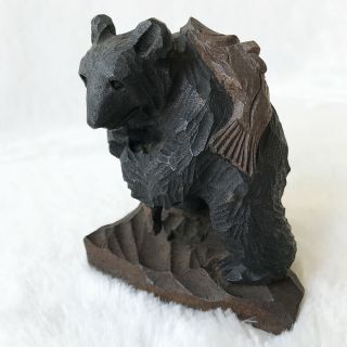 Vintage Hand Carved Wood Black Bear With Salmon In Mouth Ainu Hokkaido Japanese