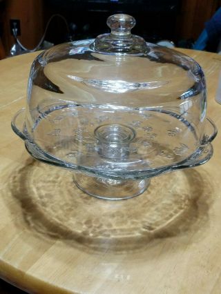 Vintage Heavy Weight Flower Embossed Glass Cake Plate With Dome Cover