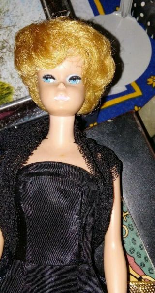Vintage Barbie Blonde Bubblecut Doll,  Htf " Black Magic " Dress Clone Cape,  Shoes