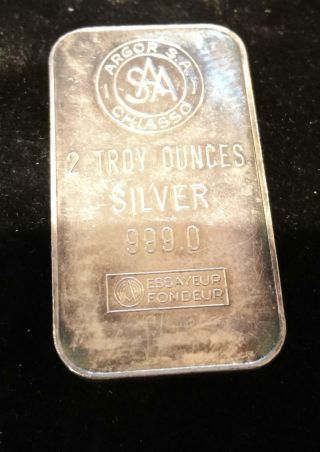 Vintage Argor S.  A.  Chiasso 2 Oz.  Silver Bar.  999 Silver
