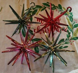 4 Vintage Christmas Atomic Starburst Star Ornament 2 Lt.  Blue,  1 Pink,  1 Red Vgc