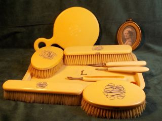 Vintage Celluloid Dresser Set With Mirror And Brush Parisian Loonen France