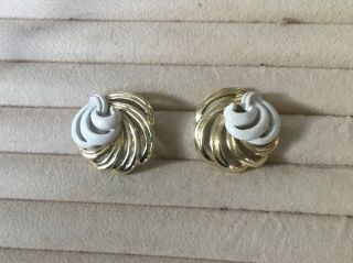 Ladies Large Vintage Pierced Gold &white Enamel Statement Jewellery Earrings