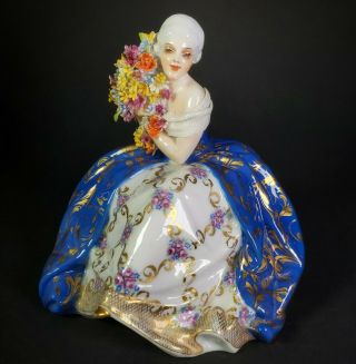 Luigi Fabris Figurine Seated Lady Holding Flowers Porcelain Pottery Italian