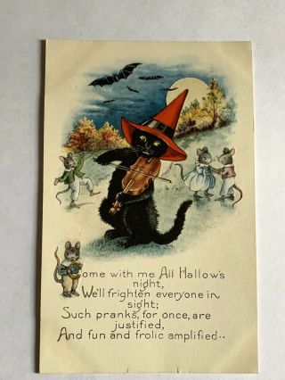 Vintage Whitney Halloween Postcard - Black Cat,  Witch Hat Plays Fiddle