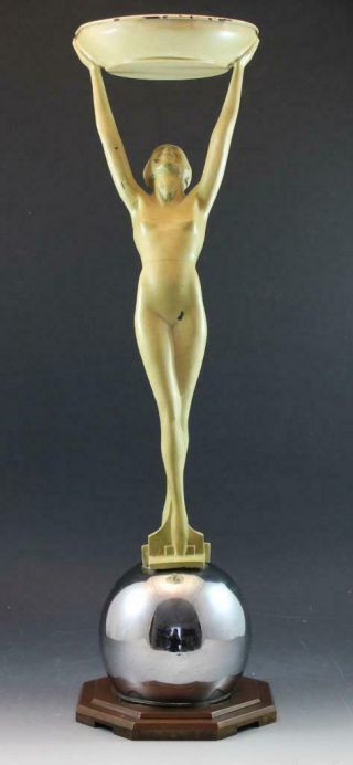 Frankart Nude Lady Art Deco Spelter & Chrome Card Stand Lady Bowl Bronze Base