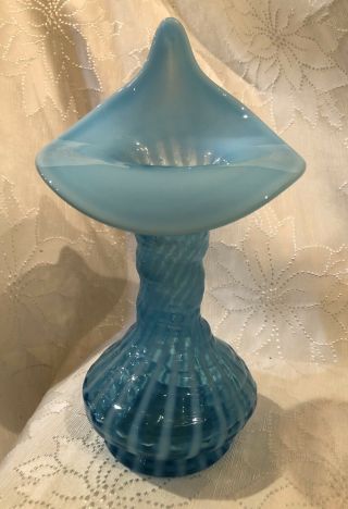 Vintage Fenton Art Glass Blue Swirl Jack In The Pulpit Vase