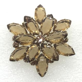 Vintage Flower Brooch Pin Amber Glass Open Back Marquise Rhinestone Jewelry