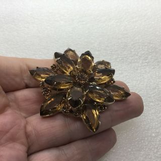 Vintage FLOWER BROOCH Pin Amber Glass Open Back Marquise Rhinestone Jewelry 2