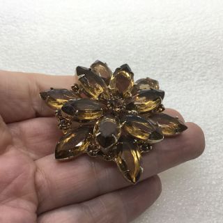 Vintage FLOWER BROOCH Pin Amber Glass Open Back Marquise Rhinestone Jewelry 3