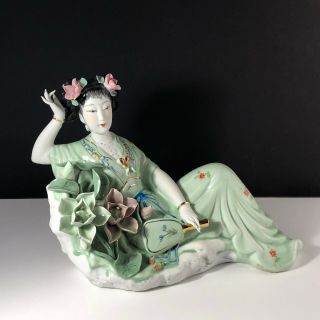 Geisha Porcelain Statue Asian Sculpture Figurine Antique Japan Jade Green Flower