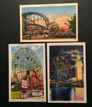 3 Vintage Linen Postcards Coney Island Ny Cyclone Steeplechase Wonder Wheel