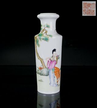 Antique Chinese Famille Rose Porcelain Magu Deity & Deer Vase Qianlong Republic