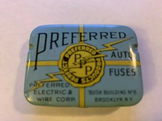 Vintage Mid Century Preffered Auto Fuses Tin Made In Brooklyn Ny With Fuses