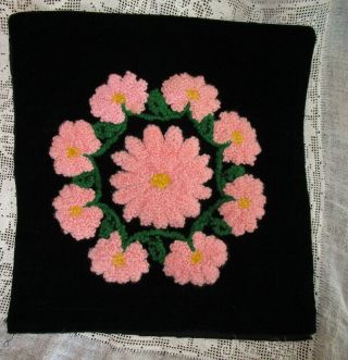 Vintage Hand Stitched Punch Needle Embroidery Velvet Pillow Cover Pink Flowers