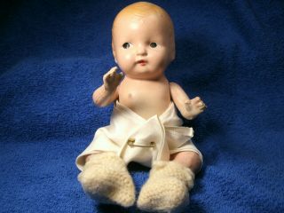 Antique Composition Baby Doll Molded Hair Painted Eyes 8” Long 176