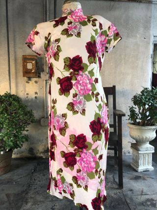 Vintage Late 1930s Jersey Rayon Rose Floral Print Cheongsam Qipao Banner Dress