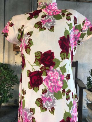 Vintage Late 1930s Jersey Rayon Rose Floral Print Cheongsam Qipao Banner Dress 2