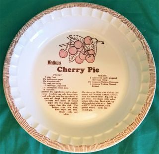Vintage Watkins 13 " Deep Dish Ceramic Pie Plate With Cherry Pie Recipe