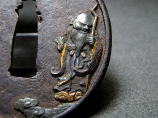 Fine Inlay Jurojin Kinko Tsuba 18 - 19thc Japanese Edo Antique Koshirae