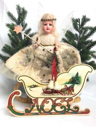 Antique Vintage Old Christmas Fairy Angel Doll Decorations,  Sleigh