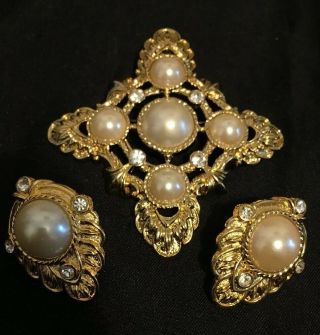 Vintage Pearl Maltese Cross - Kenneth J Lane Kjl For Avon Pin Brooch Earrings Set
