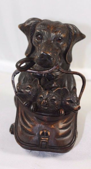 Black Forest Hand Carved Wood Fox Cubs And Dachshund Dog Inkwell
