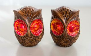 Vintage Retro Mid Century Treasure Craft Big Red Eyed Owl Salt Pepper Shakers