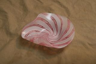Vintage Antique Hand Blown Art Glass Pink Ribbon Dish W Spout Handle Nut Candy