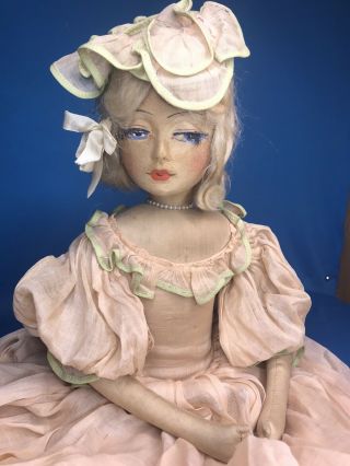Antique 1920’s Cloth Boudoir Lady Doll Pink Plantation Ball Gown Dress 30” Tall