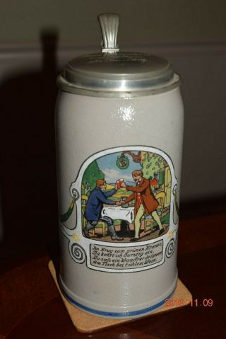 Antique 1l German Beer Stein,  Enameled,  Signed,  Engraved Pewter Lid,  Circa 1900