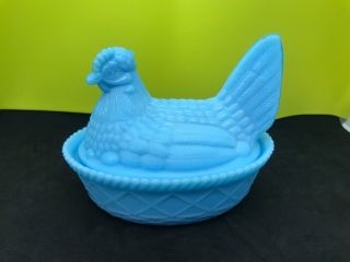 Vintage Westmoreland Glass Opaque Blue Hen On A Basket Weave Nest Covered Dish