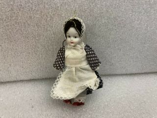 Vintage Doll W/ Purple White Dress V& Apron Bonnet Porcelain Face Hands 5 "