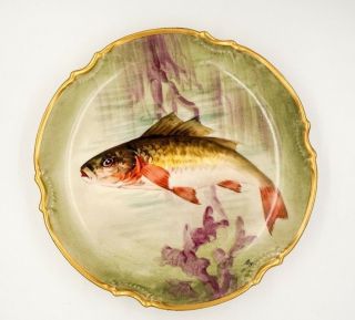 Antique Hand Painted Limoges Fish Plate Trout Highly Detailed Signed Naturalist