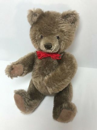 Steiff 10” Mohair Jointed Teddy Bear Beige & Brown Red Bow Tie No Id 1970’s Rare