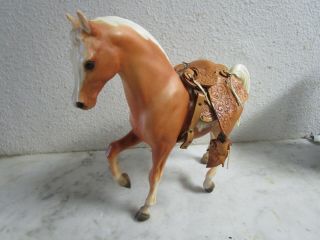 Vtg Chestnut Toy Breyer Horse W/ Leather Western Cowboy Texas Tooled Saddle