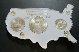 1976 - S Bicentennial Silver Uncirculated 3 - Coin Vintage America Map Holder White