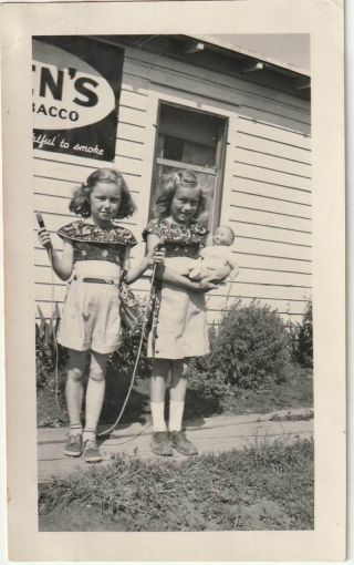 A476 - Cute Matching Sisters Jump Rope & Doll - Old/vintage Photo Snapshot