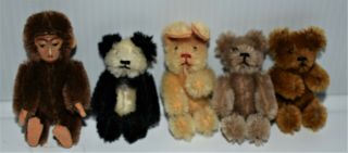 5 Adorable Vintage Miniature Bears 2,  Monkey,  Panda Bear,  Bunny Mohair?
