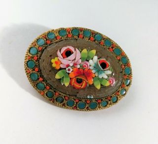 Antique Vintage Micro Mosaic Brooch Pin Floral Flowers Oval Victorian Jewelry