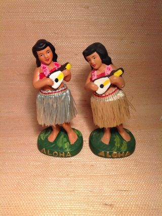2 Vintage Hawaiian Dancing Hula Girl Bobble Dolls 6”.  One Marked K.  N.  Japan