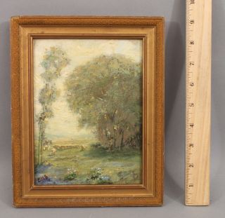 Small Antique American Impressionist Shepherd & Sheep Landscape Oil Painting Nr