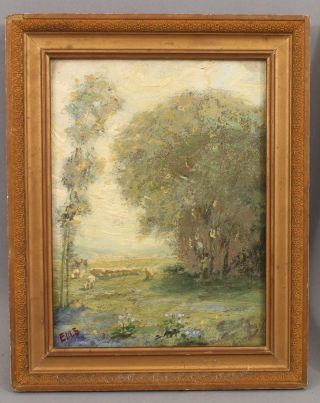 Small Antique American Impressionist Shepherd & Sheep Landscape Oil Painting NR 2